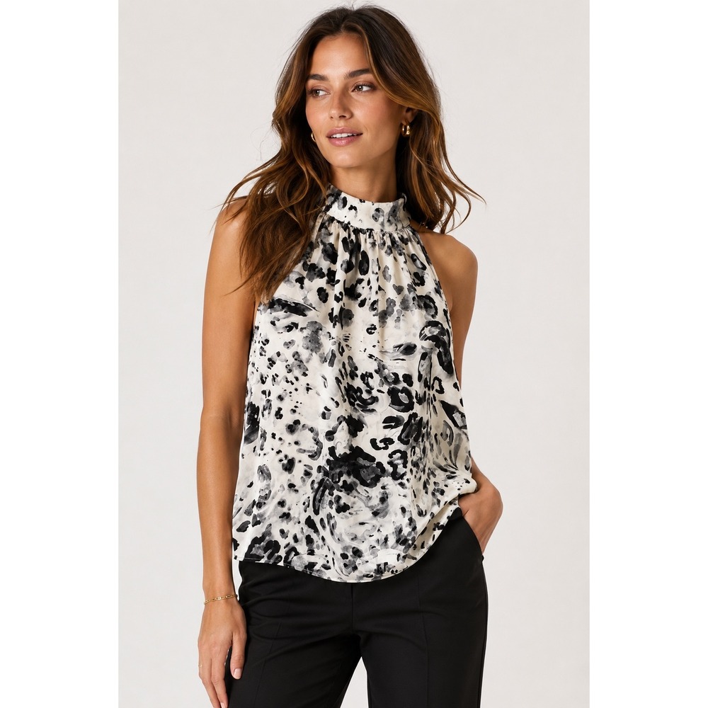 Adrienne Landau Womens Medium Halter Top Black White Abstract Animal Print Bow